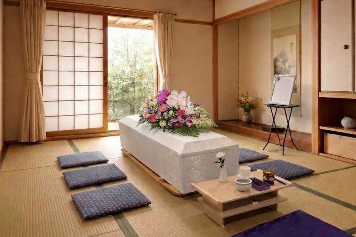 リビングに馴染む棺上花飾りの温かいお別れの風景