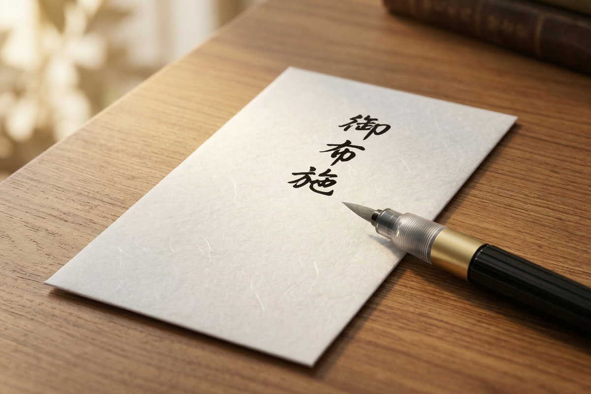 筆ペンでお布施の準備をしているイメージ