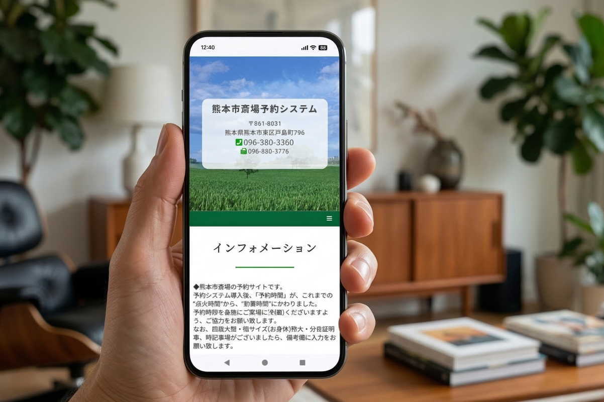 火葬場の予約状況をスマホで確認しているイメージ