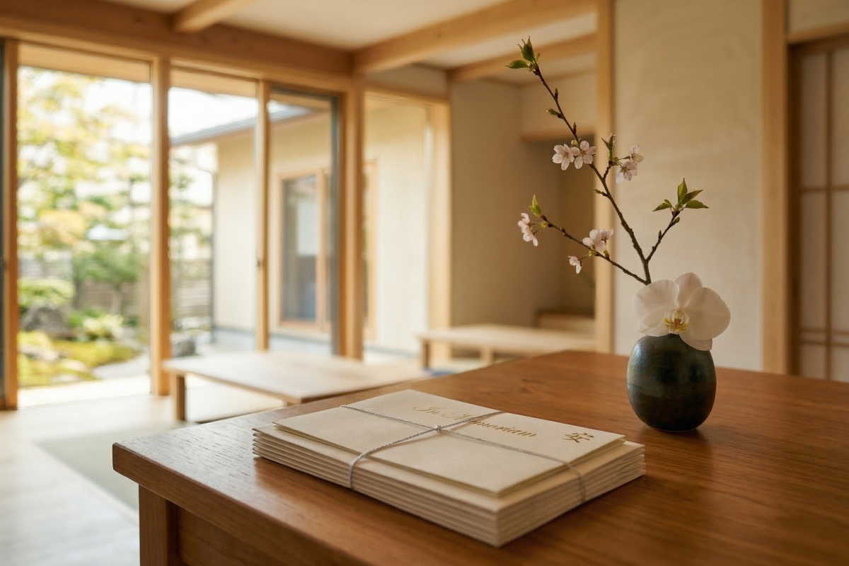 自宅葬でプロの進行役がサポートする温かいお別れを象徴する、リビングに飾られた美しく整えられた弔電と生花のイメージ