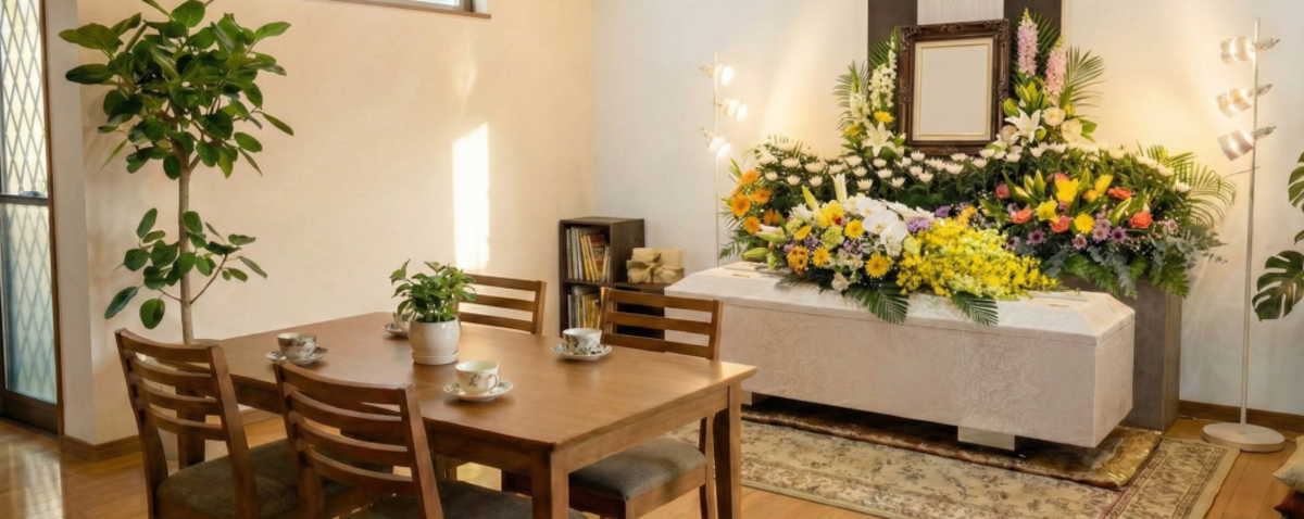 リビングのダイニングテーブルの奥に安置された白いお柩。お柩の上には鮮やかな棺上花が飾られ、奥の棚には遺影写真と小スペース用のシンプル祭壇が設けられた温かい自宅葬の風景。