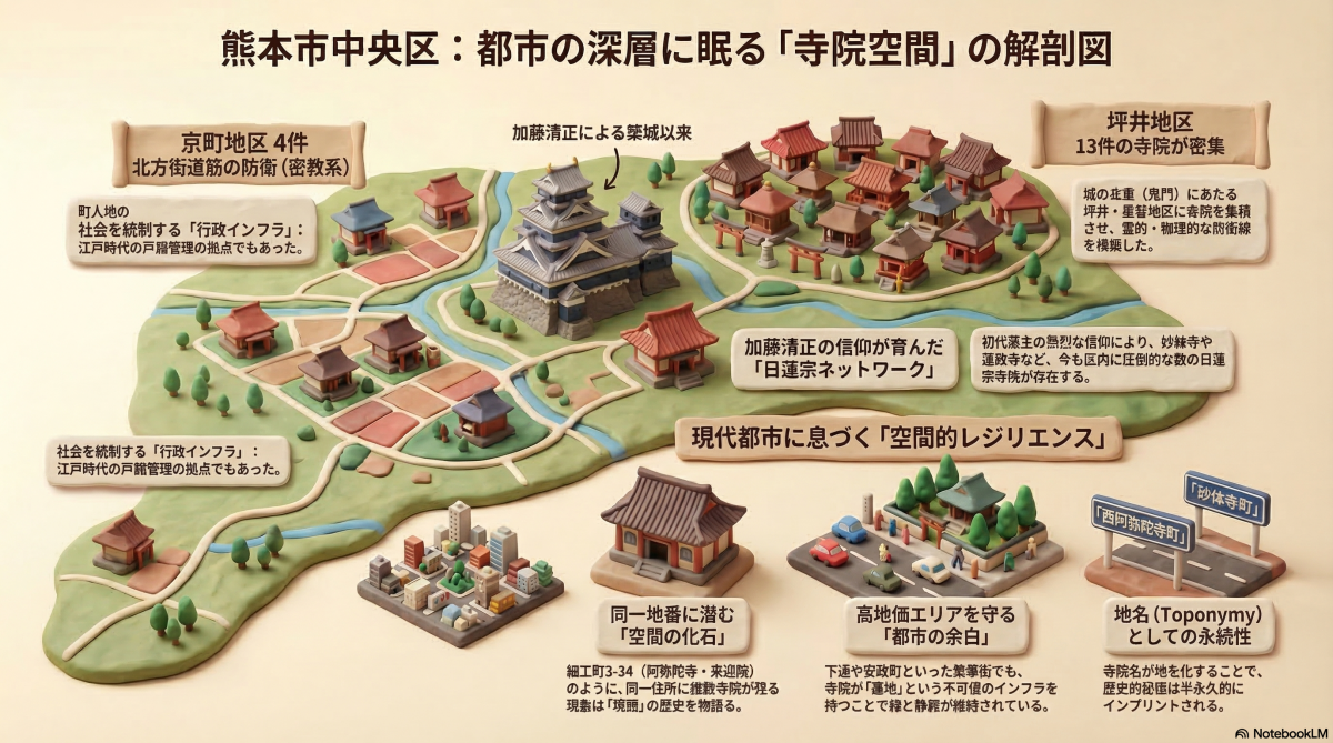 熊本市中央区の寺院密集地と都市設計の俯瞰図イメージ