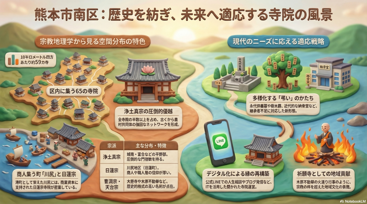 熊本市南区の宗教地理学と寺院の進化を示すイメージ