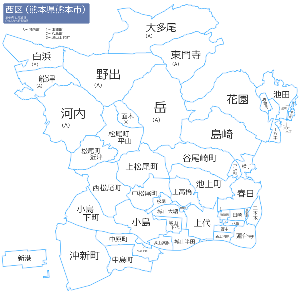 熊本市西区のお寺の分布を示す地図