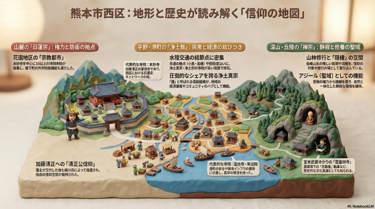 熊本市西区の宗教地理学と地政学的ミステリーの図解イメージ