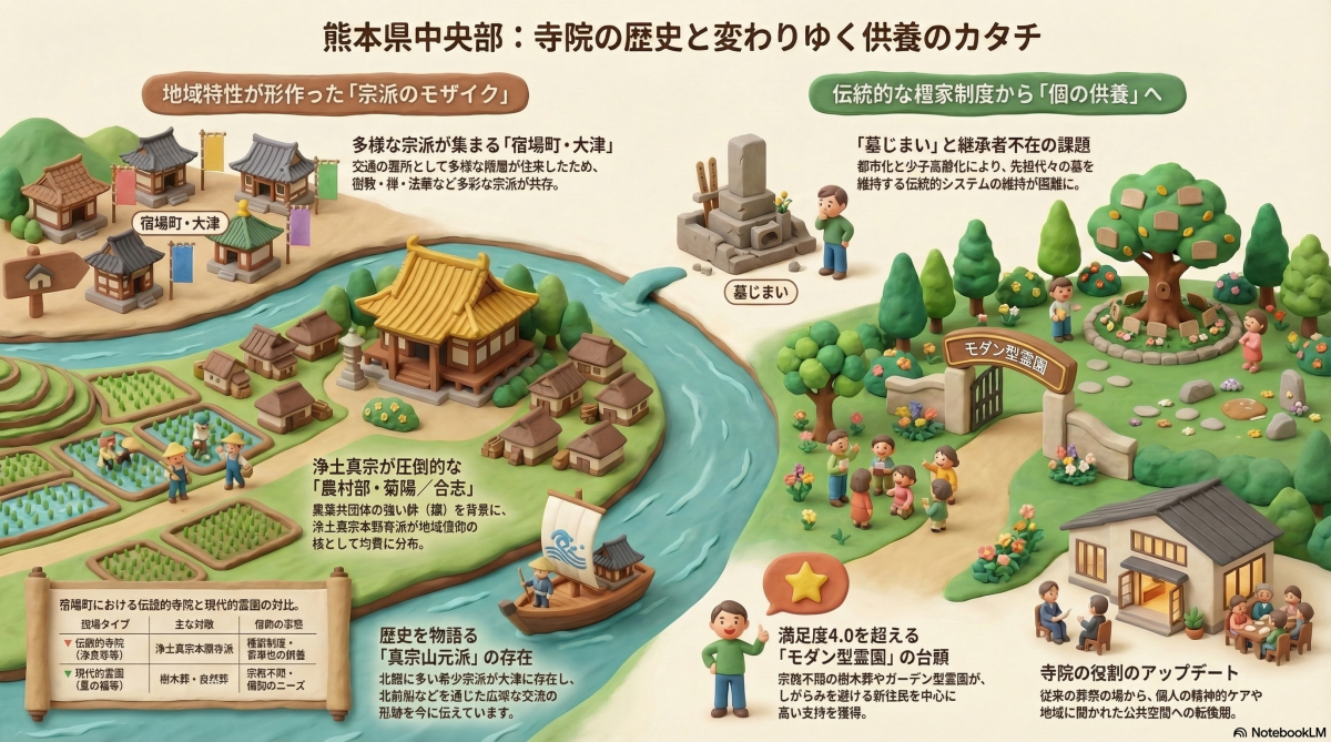 合志市・菊陽町・大津町のお寺の分布と地域の秘密を示すイメージ