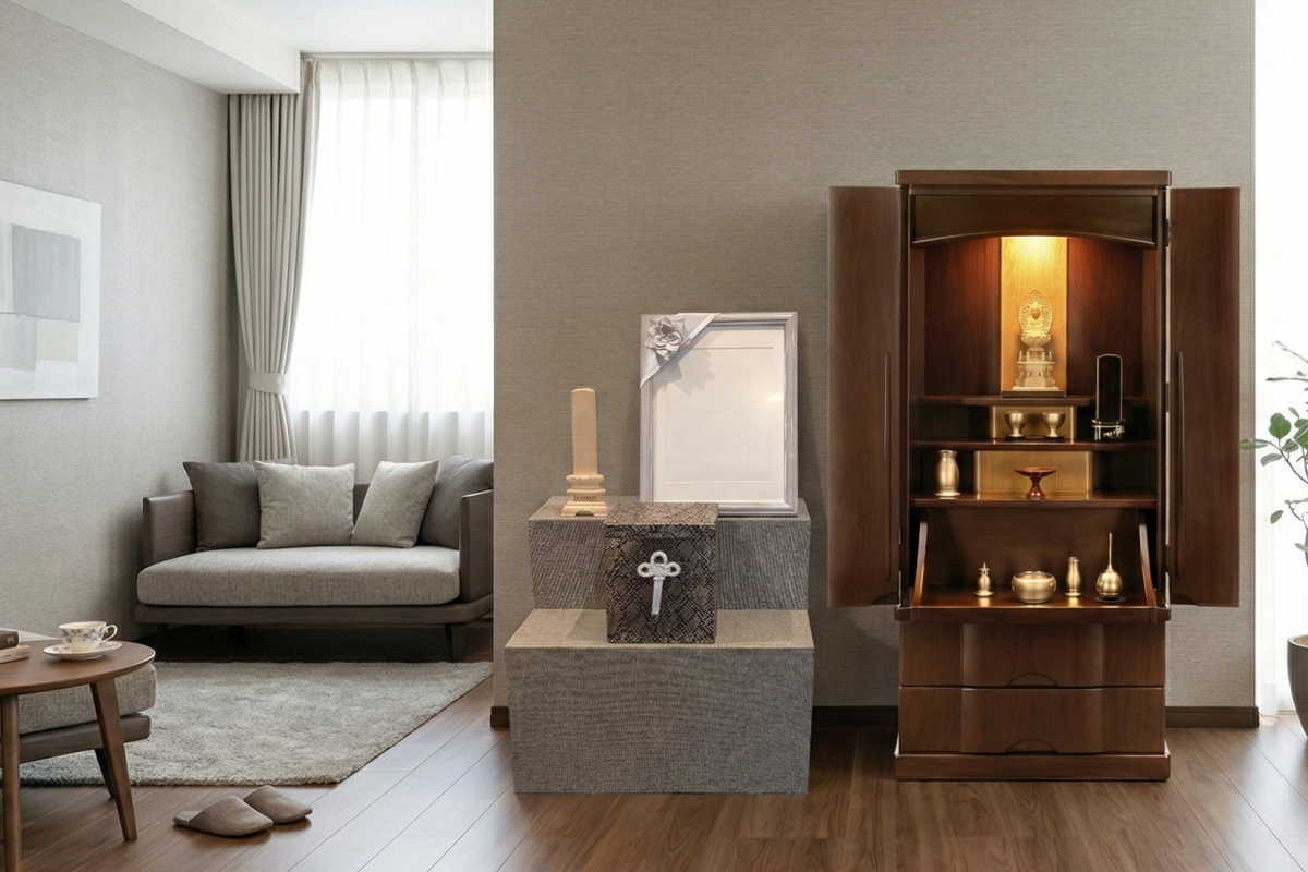 葬儀後のリビングに設置された穏やかな後飾り祭壇（中陰壇）の風景