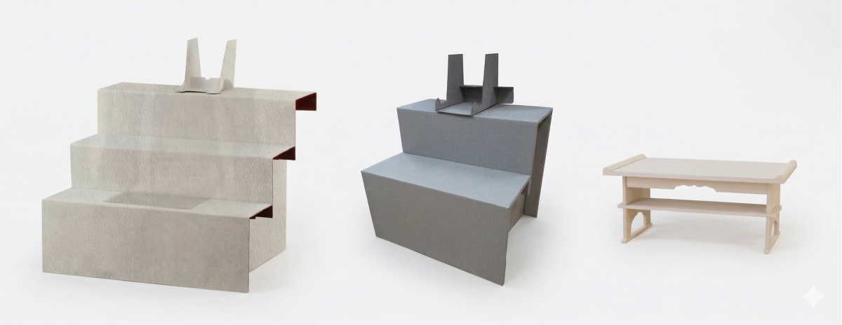 HFFクマモトが用意する3種類の後飾り祭壇（中陰壇）。左から、しっかりとした標準的な段飾り（白）、お部屋に馴染みやすいモダンな段飾り（グレー）、省スペースなシンプルな木製小机タイプ。