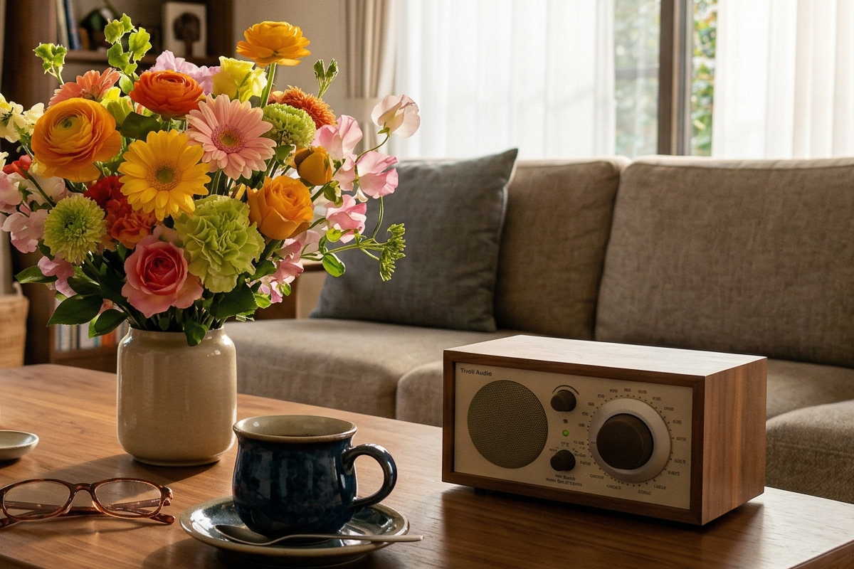 リビングに飾られた色鮮やかなお花、故人様の好きだった品々が並ぶ無宗教形式の自宅葬の祭壇