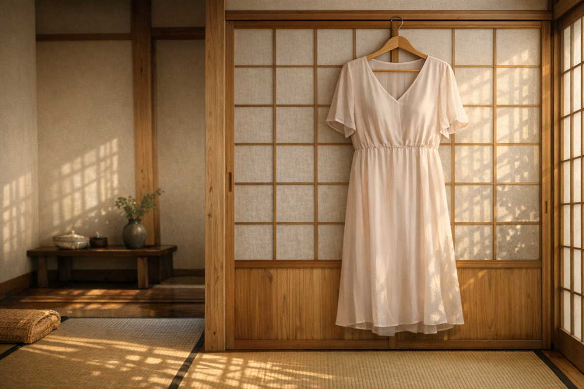 お気に入りの洋服が綺麗に掛けられたハンガーと、温かい光が差し込む和室の風景