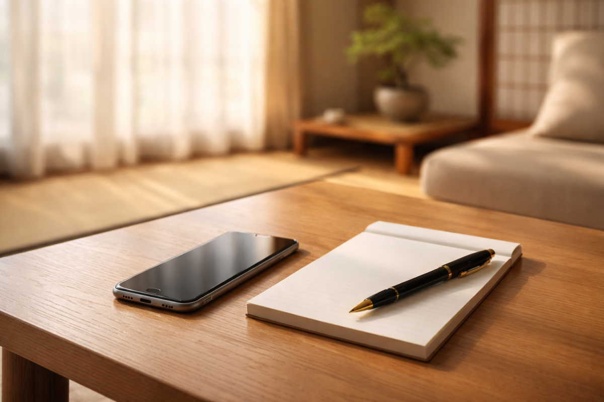 静かなリビングのテーブルに置かれたスマートフォンと、丁寧に文字が書かれたメモ帳