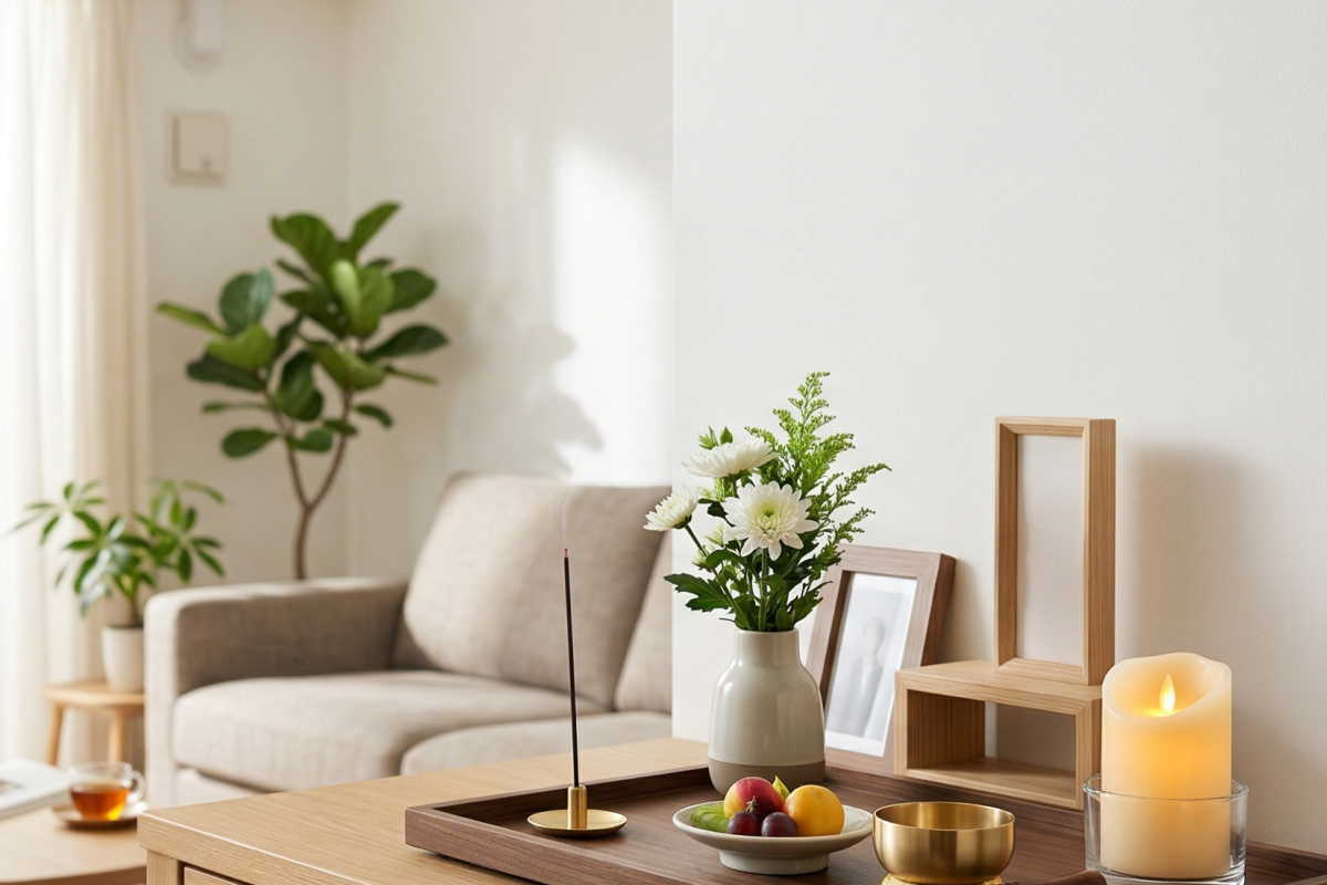 煙の少ないお線香と安全なLEDろうそくが置かれた、リビングに馴染むモダンな祈りのスペース