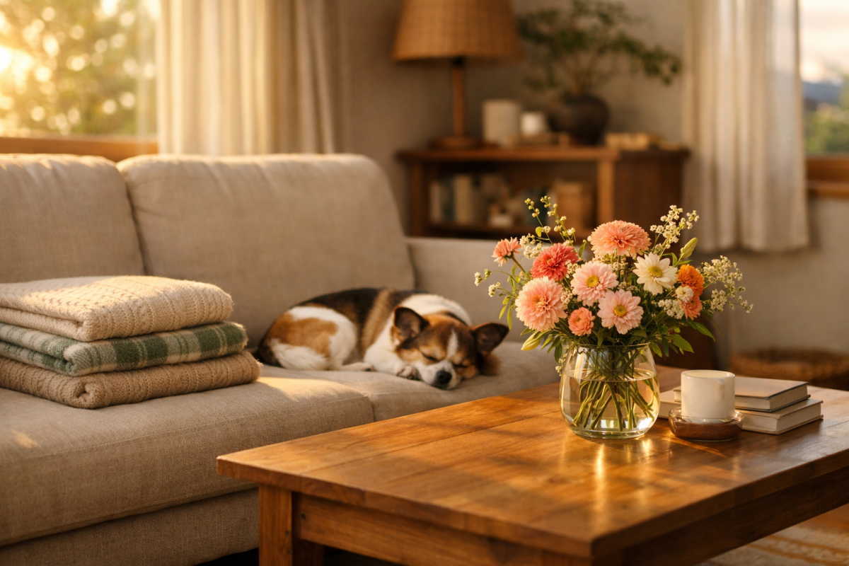 温かい日差しが差し込むリビングのソファに置かれた故人様のお気に入りのひざ掛けと、その傍らで静かにくつろぐペットの犬。穏やかで温かい自宅葬の風景。