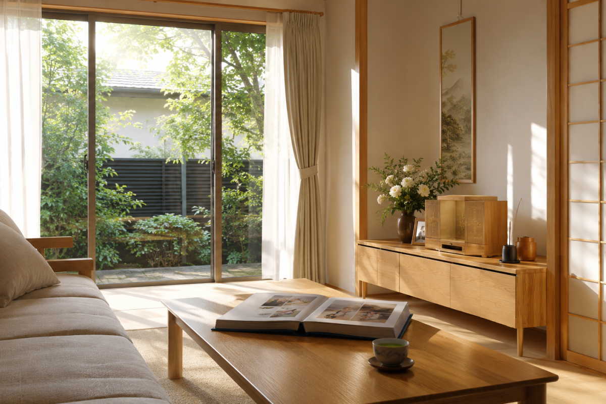 穏やかな朝の光が差し込む、熊本の住宅街にある静かなリビングルーム。窓の外には緑が見え、ローテーブルには家族のアルバムと温かいお茶が置かれた心休まる空間。