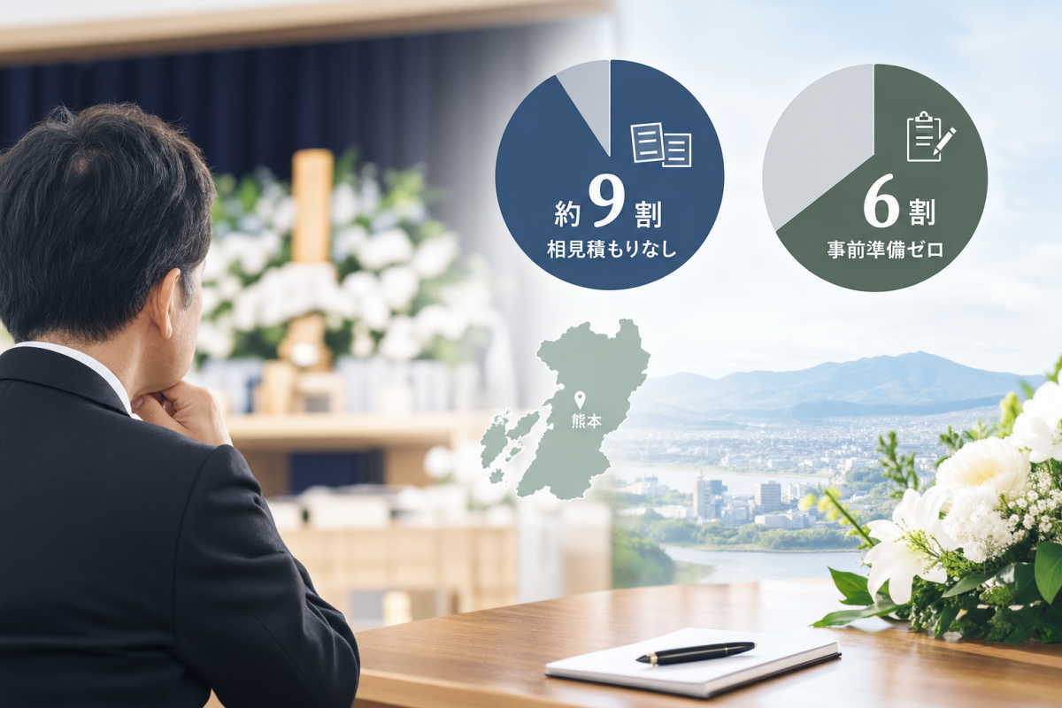 「約9割が相見積もりなし」「6割が事前準備ゼロ」という葬儀の全国調査の結果を示す円グラフと、熊本県の地図を重ねたイメージ。祭壇の前で考え込む喪主の男性と、ノートとペンが置かれたテーブル。